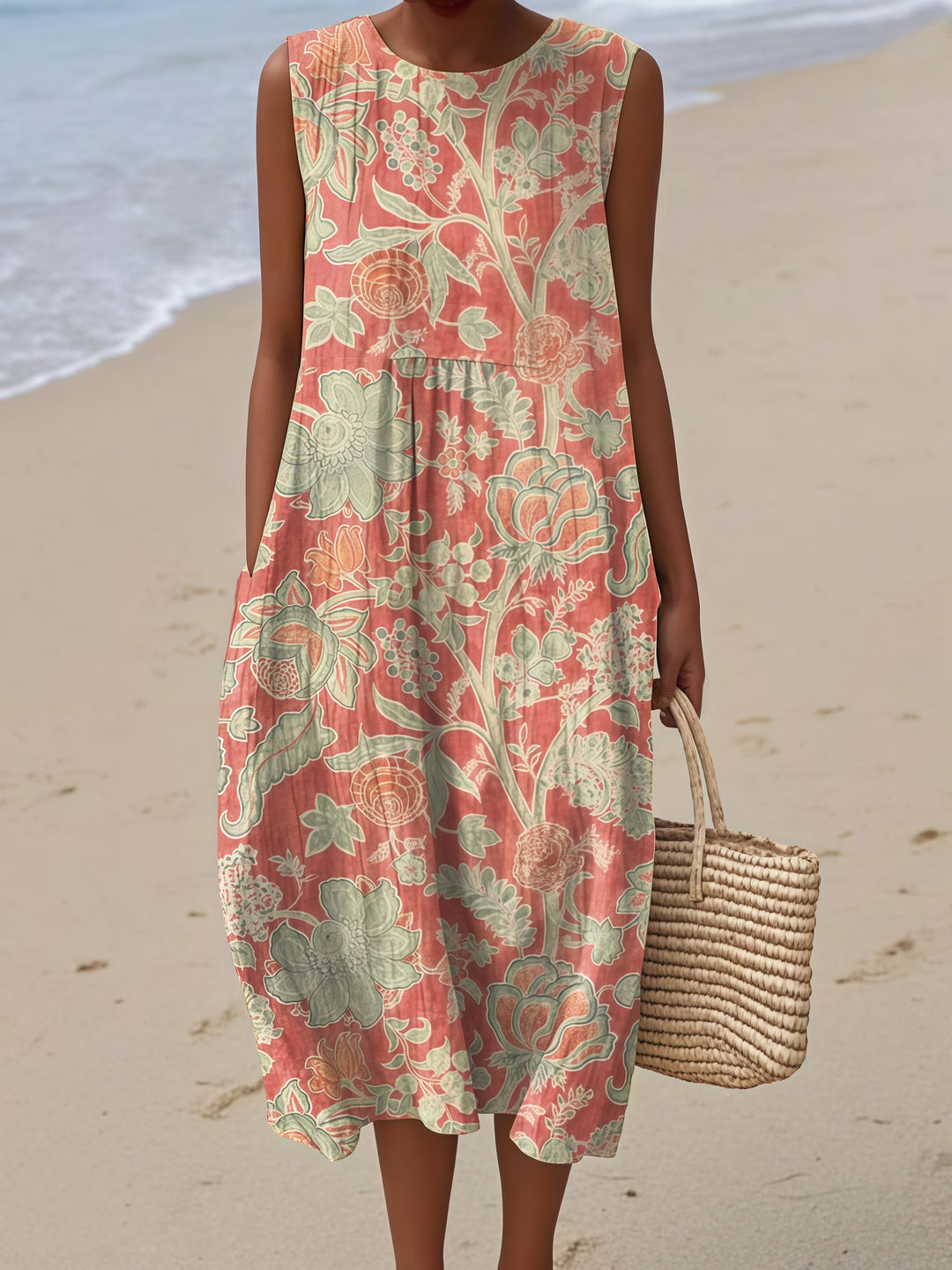 Coral Green Botanical Midi Dress