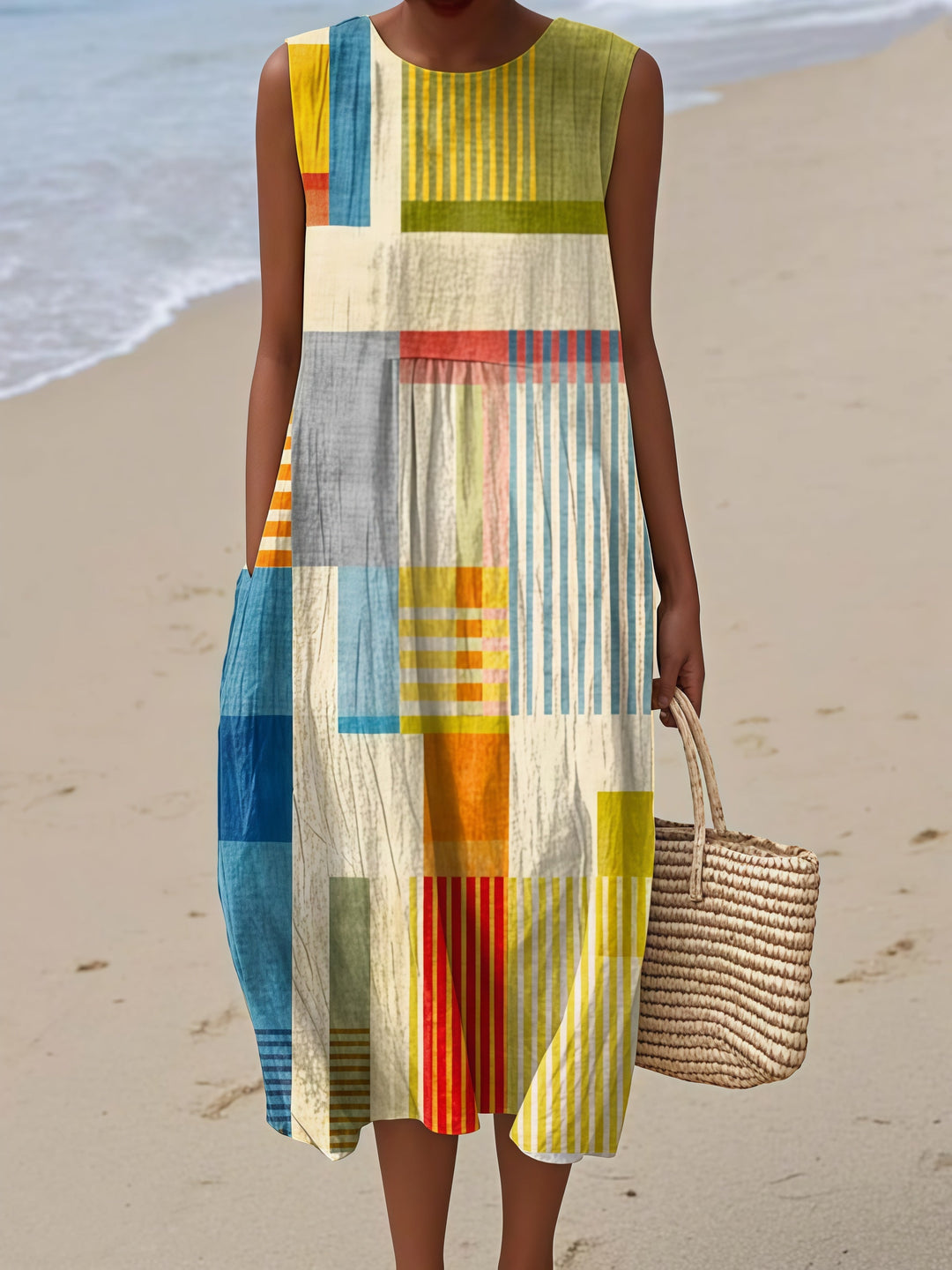 Colourful Geometric Stripes Midi Dress