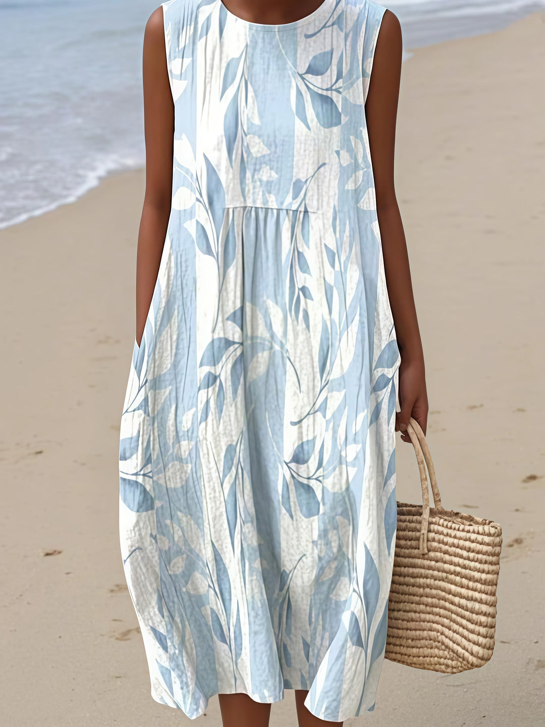 Blue White Leaf Midi Dress